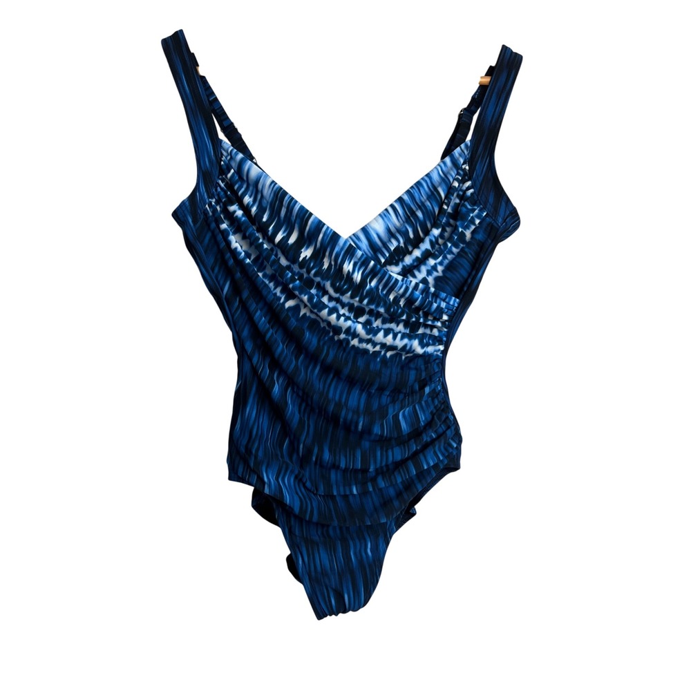 Miraclesuit Blue Tie Dye Ruched One Piece Swimsuit V Neck Bathing Suit Size 10